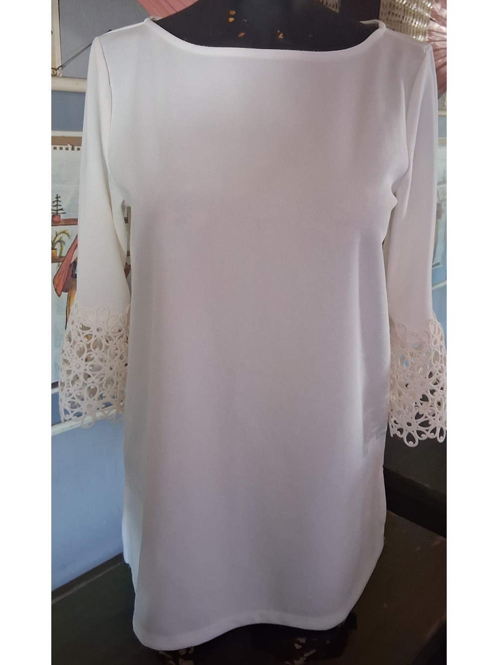 Ann Taylor White Boatneck Tunic with Lace Bell Sleeves